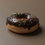 A 3D digital render of a chocolate-glazed donut with multi-colored sprinkles, set against a solid brown background.