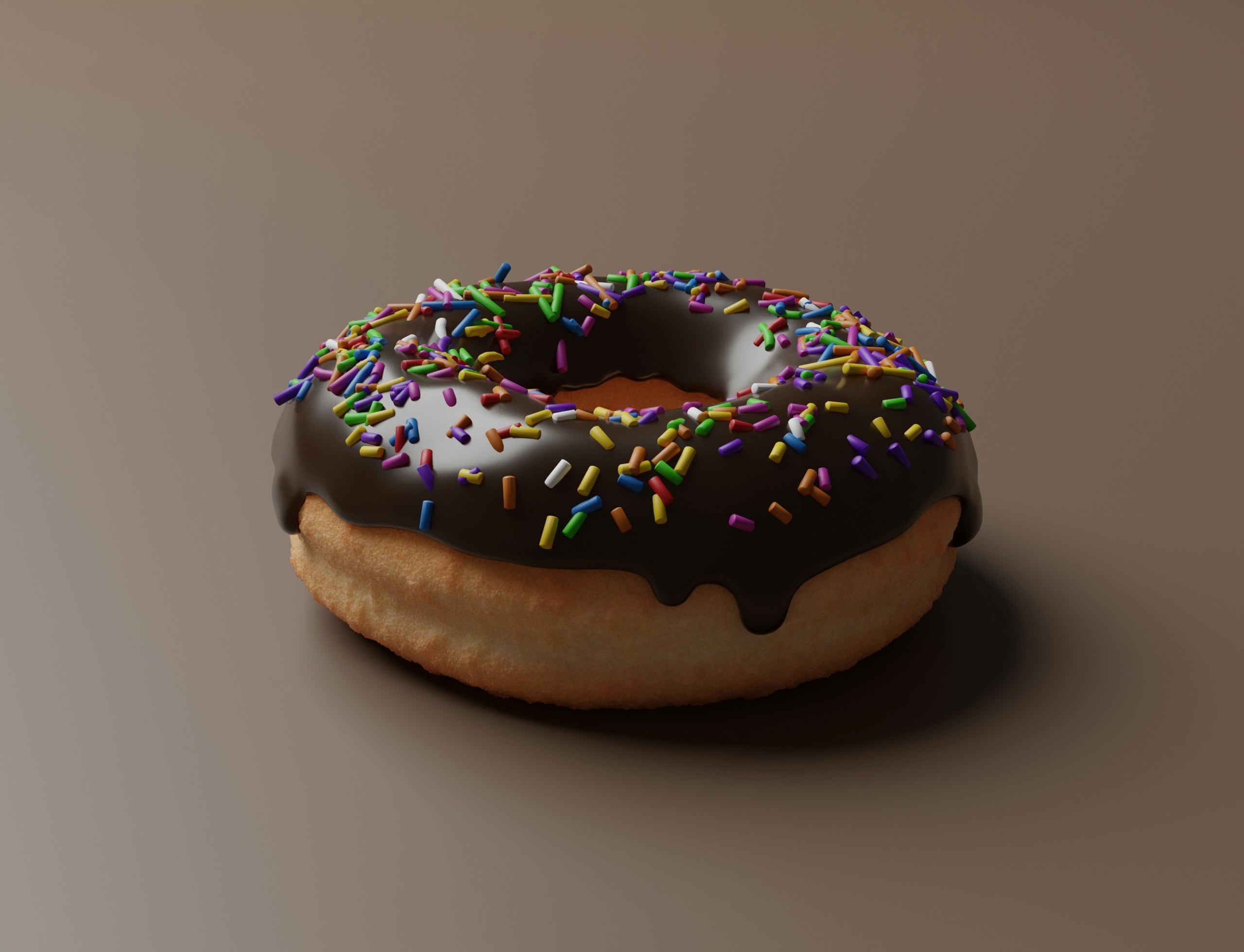 A 3D digital render of a chocolate-glazed donut with multi-colored sprinkles, set against a solid brown background.